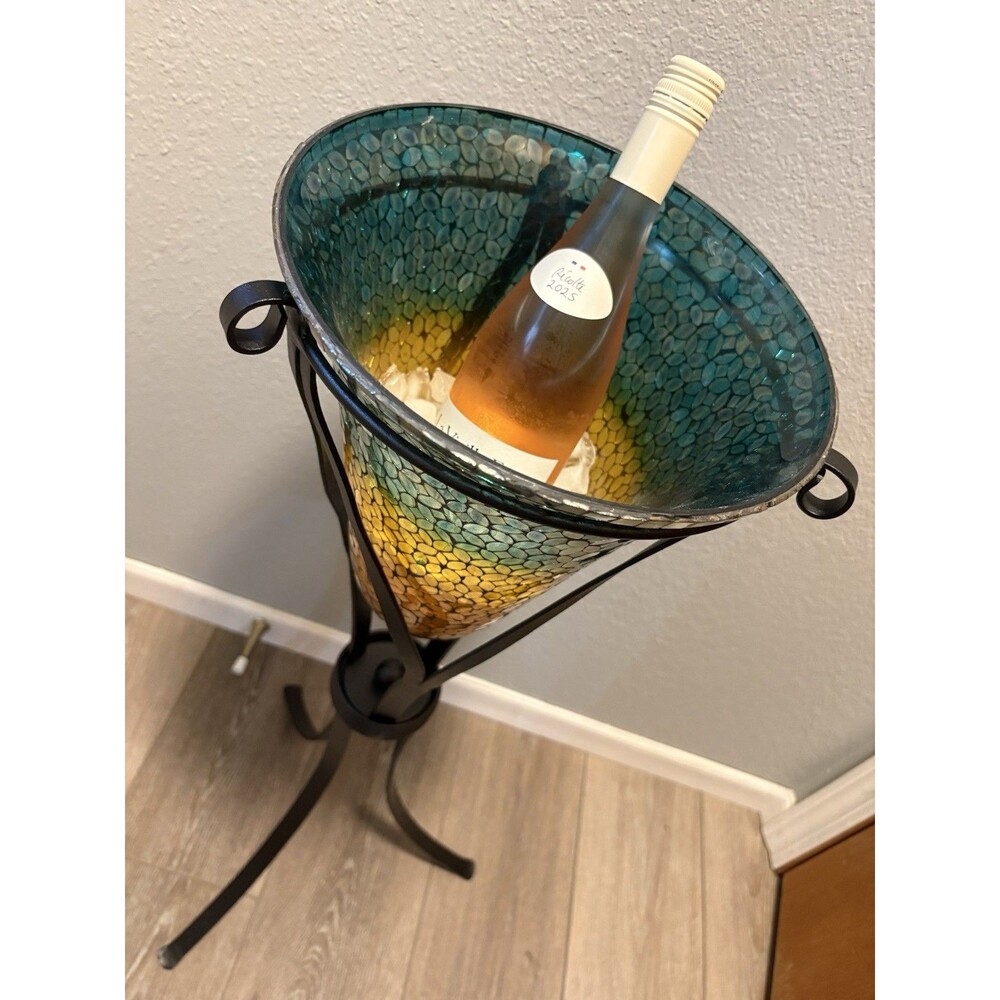 Mosaic Champagne Bucket-Plant/Candle Holder with Wrought Iron Stand